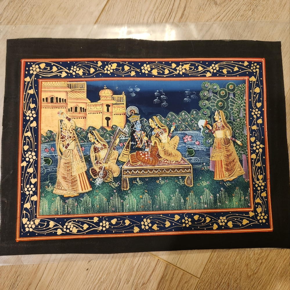Original miniature Indian painting on silk fabric in natural colors
